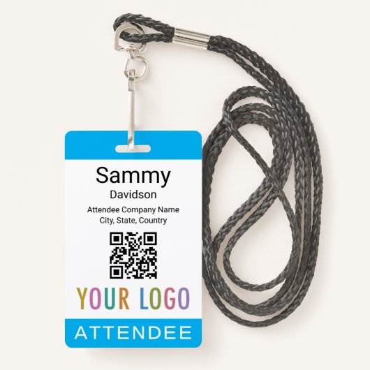 Sky Blue Attendee Badge Event Gast QR Code Logo (Voorkant met draagriem)