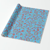 Sky Blue Background met Red Fruit Wrapping Paper Cadeaupapier (Uitgerold)