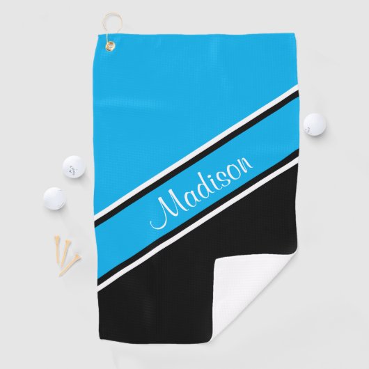 Sky Blue Black Diagonal Stripe Script Name Golfhanddoek (Insitu)