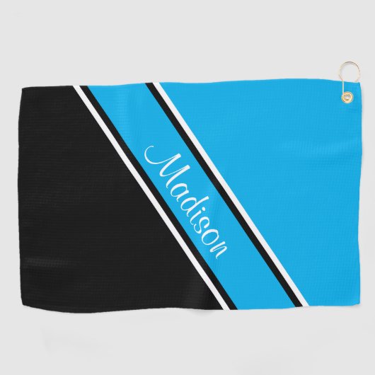 Sky Blue Black Diagonal Stripe Script Name Golfhanddoek (Horizontaal)