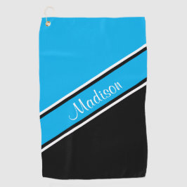 Sky Blue Black Diagonal Stripe Script Name Golfhanddoek