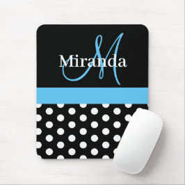 Sky Blue Black White Polka Dot Monogram Muismat