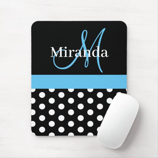 Sky Blue Black White Polka Dot Monogram Muismat (Met muis)