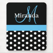 Sky Blue Black White Polka Dot Monogram Muismat (Voorkant)