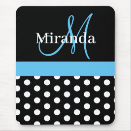 Sky Blue Black White Polka Dot Monogram Muismat