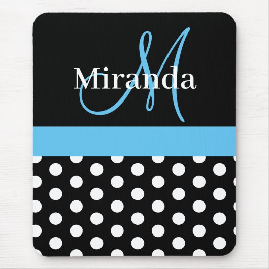 Sky Blue Black White Polka Dot Monogram Muismat (Voorkant)