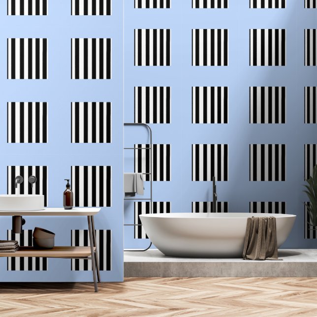 Sky Blue + Black White Stripes Behang (Badkamer)