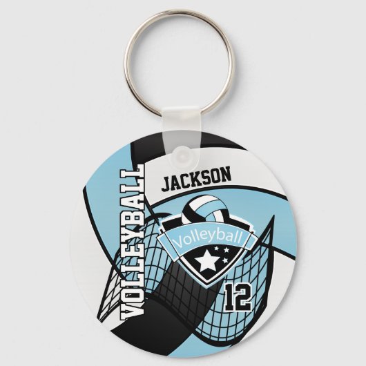 Sky Blue, Black & White Volleyball Design Sleutelhanger (Voorkant)