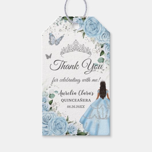 Sky Blue Bloemen Prinses Jurk Zilver Quinceañera Cadeaulabel (Voorkant)