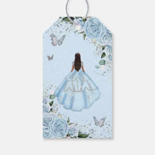 Sky Blue Bloemen Prinses Jurk Zilver Quinceañera Cadeaulabel (Achterkant)