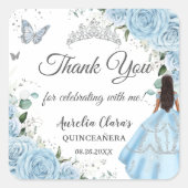 Sky Blue Bloemen Prinses Jurk Zilver Quinceañera Vierkante Sticker (Voorkant)