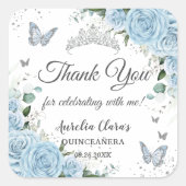 Sky Blue Bloemen Prinses Jurk Zilver Quinceañera Vierkante Sticker (Voorkant)