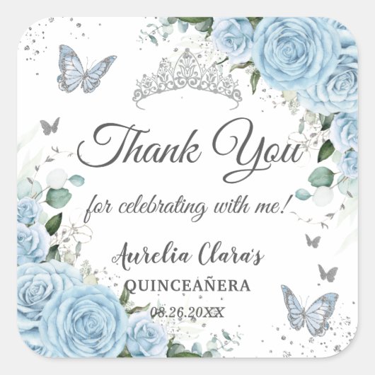Sky Blue Bloemen Prinses Jurk Zilver Quinceañera Vierkante Sticker (Voorkant)
