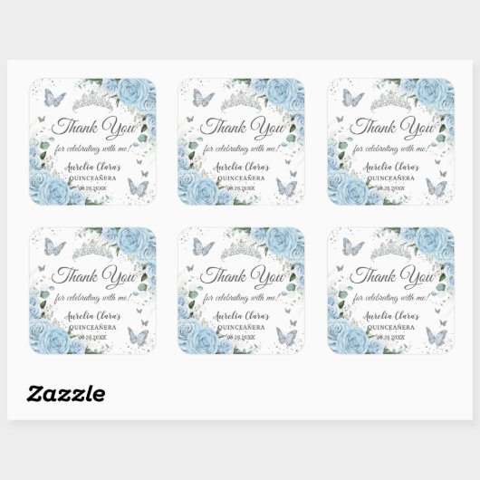 Sky Blue Bloemen Prinses Jurk Zilver Quinceañera Vierkante Sticker (Vel)