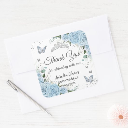 Sky Blue Bloemen Prinses Jurk Zilver Quinceañera Vierkante Sticker (Envelop)