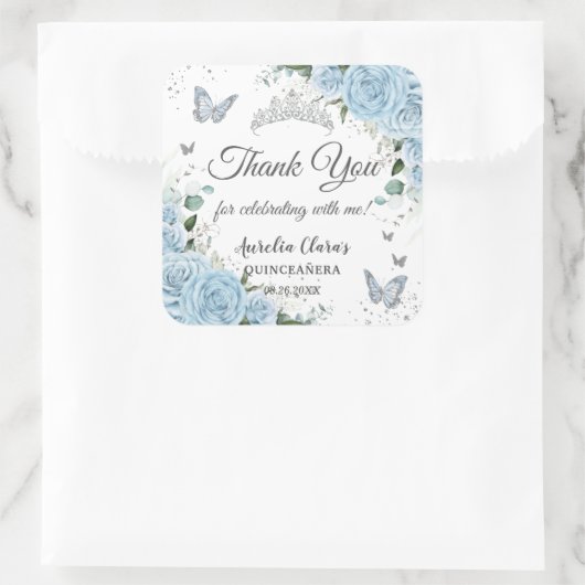 Sky Blue Bloemen Prinses Jurk Zilver Quinceañera Vierkante Sticker (Tas)