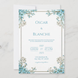 Sky Blue Blossom Elegant Gold Frame Wedding Kaart