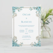Sky Blue Blossom Elegant Gold Frame Wedding Kaart (Staand voorkant)