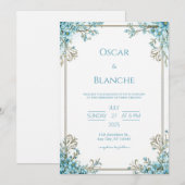 Sky Blue Blossom Elegant Gold Frame Wedding Kaart (Voorkant / Achterkant)