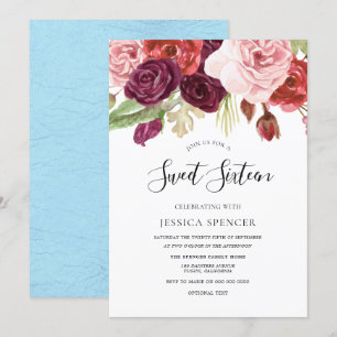 Sky Blue Blush & Burgundy Sweet 16 Invite Kaart