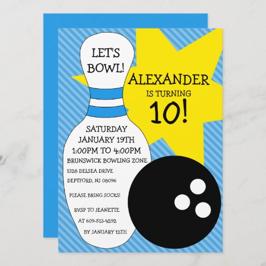 Sky Blue Bowling Bash Bowling Birthday Party Kaart (Voorkant / Achterkant)
