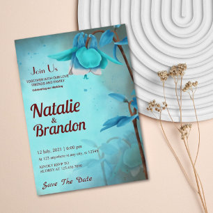 Sky Blue & Brown Wild Flower Save the Date bruilof Kaart