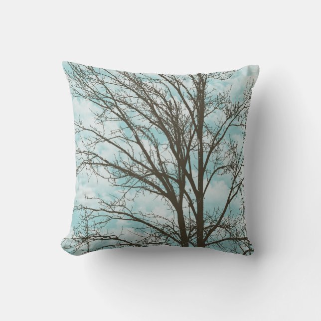 Sky Blue Bruin Rustic Tree Branches Kussen (Voorkant)