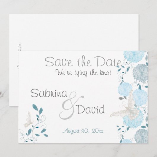 Sky Blue Butterfly Chrysanthemum Save the Date (Voorkant / Achterkant)