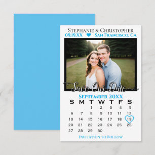 Sky Blue Calendar & Photo Wedding Save Our Date Kaart
