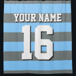 Sky Blue Charcoal Sports Jersey Preppy Stripe Douchegordijn<br><div class="desc">Preppy Striped Team Jersey / Sports Jersey / Football Jersey / Rugby Jersey met aangepaste naam Pas dit aan met uw eigen naam of teamnaam en een nummer. U kunt de grootte, de kleur en de plaatsing van de tekst wijzigen als u wijzigingen moet aanbrengen, de kleur van de tekstschaduw...</div>