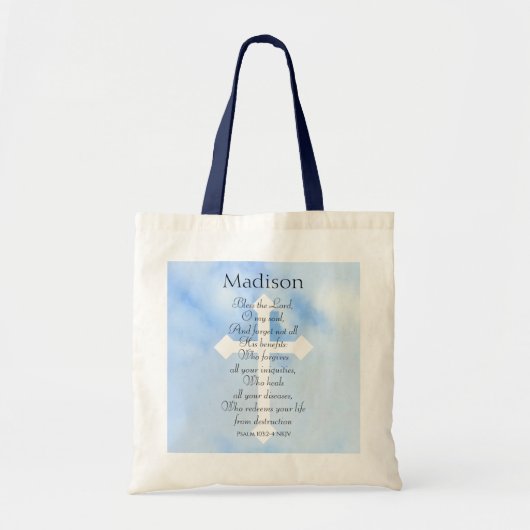 Sky Blue Christelijke Healing Bijbel Verse Naam Tote Bag (Voorkant)