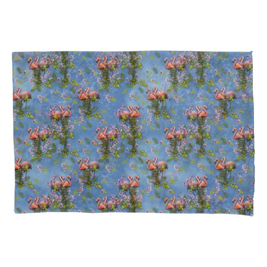 Sky blue cloudy and Flamingo's Repeat Print Kussensloop (Voorkant)