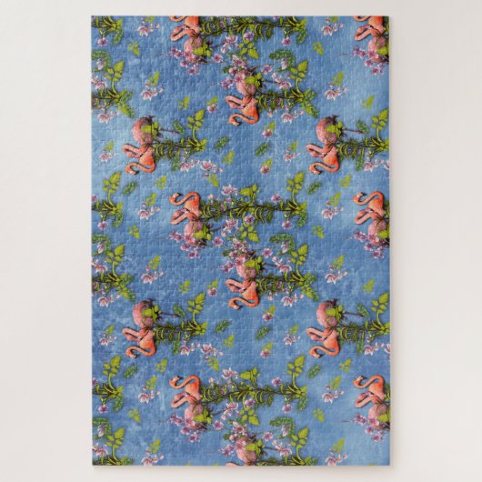 Sky blue cloudy and Flamingo's Repeat Print Legpuzzel (Verticaal)