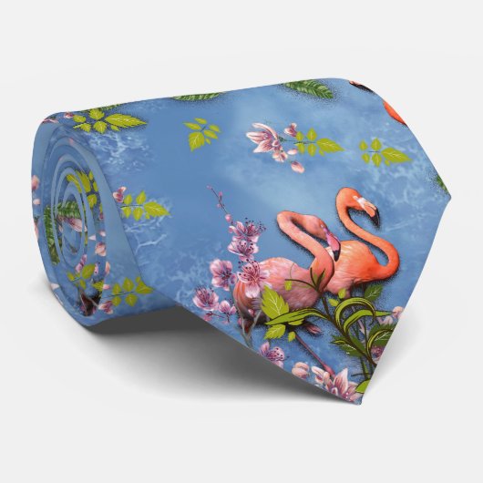 Sky blue cloudy and Flamingo's Repeat Print Stropdas (Opgerold)