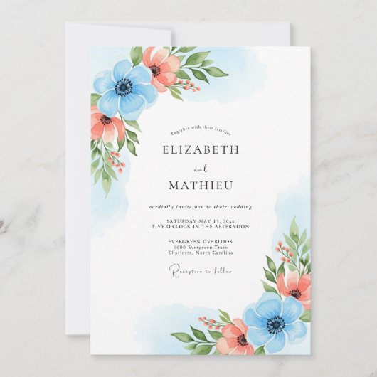 Sky Blue Coral Bloom Wedding Kaart (Voorkant)