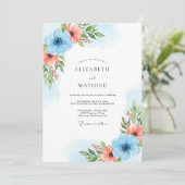 Sky Blue Coral Bloom Wedding Kaart (Staand voorkant)