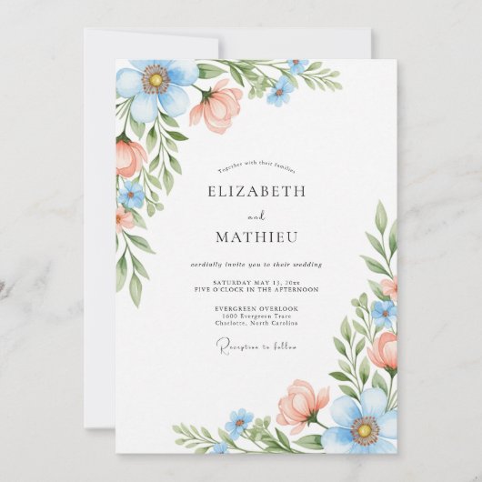 Sky Blue Coral Blossom Wedding Kaart (Voorkant)