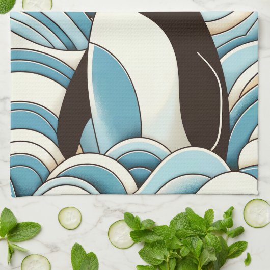 Sky Blue Cream oceaan golven en Schattigee pinguïn Theedoek (Gevouwen)