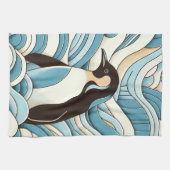 Sky Blue Cream oceaan golven en Schattigee pinguïn Theedoek (Horizontaal)