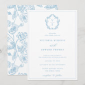 Sky Blue Crest Monogram Huwelijk Kaart (Voorkant / Achterkant)