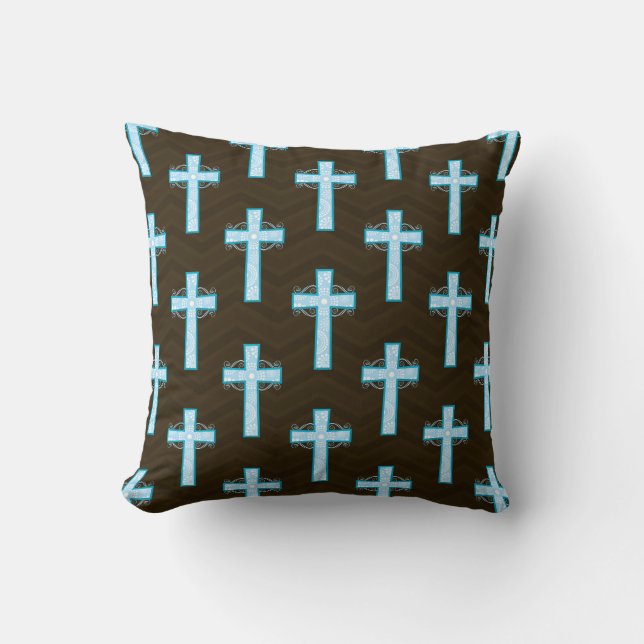 Sky Blue Cross op bruine Chevron Kussen (Voorkant)