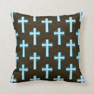 Sky Blue Cross op bruine Chevron Kussen