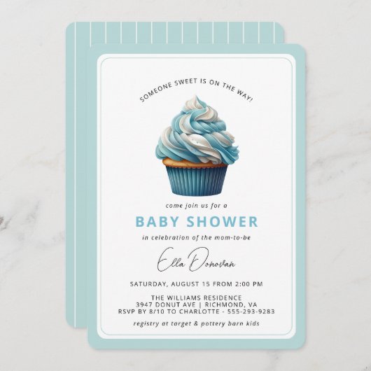 Sky Blue Cupcake | Dessert thema Boy Baby shower Kaart (Voorkant / Achterkant)