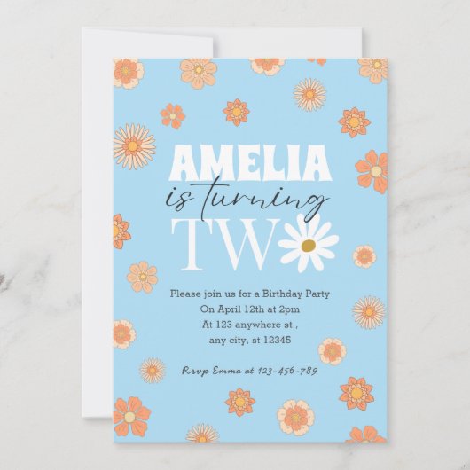 Sky Blue Daisy Twee Uitnodiging voor de 2e Verjaar (Voorkant)