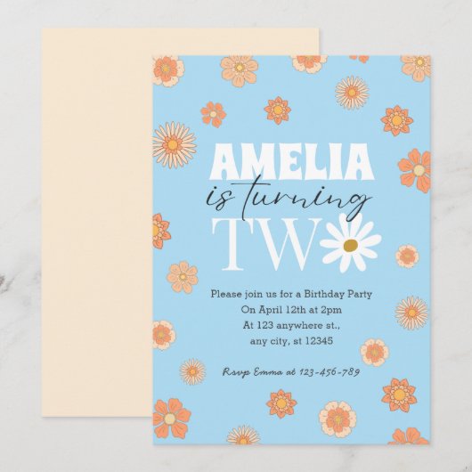 Sky Blue Daisy Twee Uitnodiging voor de 2e Verjaar (Voorkant / Achterkant)