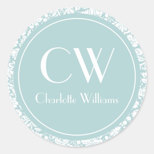 Sky Blue Damask Monogram Ronde Sticker (Voorkant)