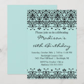 Sky Blue Damask Sweet Sixteen Birthday Uitnodiging (Voorkant / Achterkant)