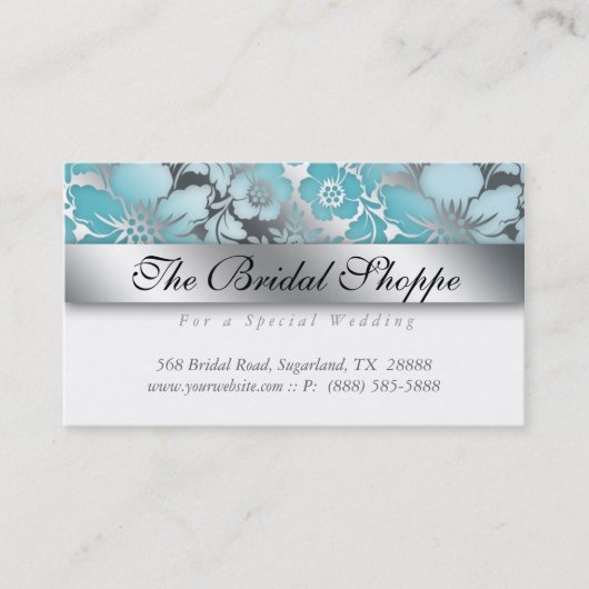 Sky Blue Damask Wedding Floral Silver Visitekaartje (Voorkant)