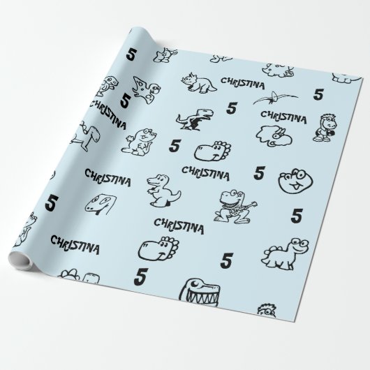 Sky Blue Dino-thema Kind is jarig Cadeaupapier (Uitgerold)