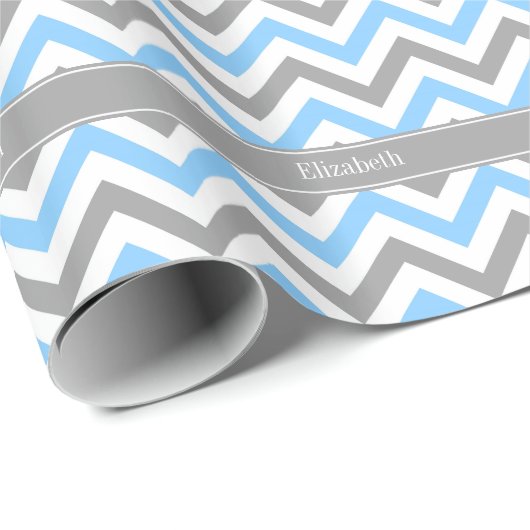 Sky Blue Dk Gray Wht LG Chevron Gray Name Monogram Cadeaupapier (Rol Hoek)